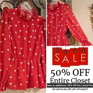 Red Blouse with White Hearts. Excellent Condition NWOT Size Small